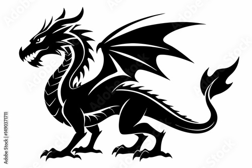 stylized dragon silhouette line art vector illustration with a white background