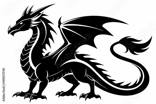 stylized dragon silhouette line art vector illustration with a white background