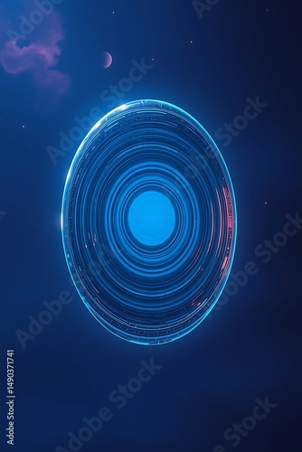 A glowing blue vortex with concentric circles in a dark blue space with stars and a crescent moon