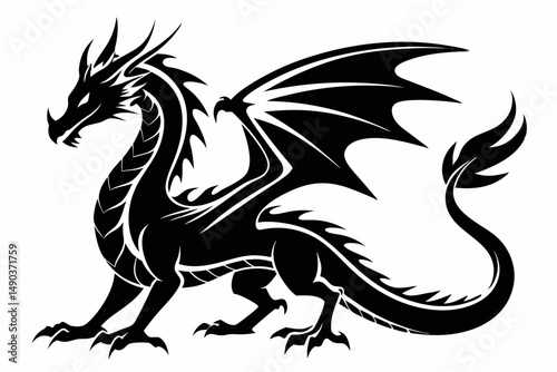 stylized dragon silhouette line art vector illustration with a white background