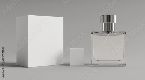 A minimalist product shot shows a clear glass perfume bottle with a silver cap, beside its plain white box and a smaller white sample box, on a neutral gray background