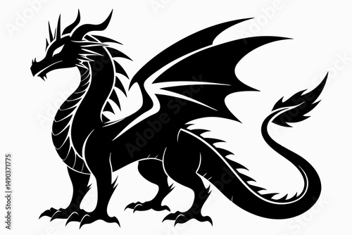 stylized dragon silhouette line art vector illustration with a white background