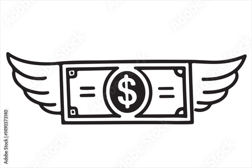 One line icon of a coin with wing symbolizing.