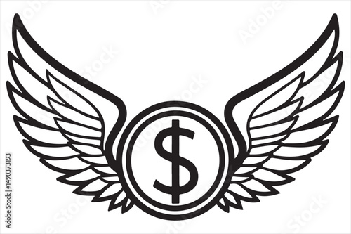 One line icon of a coin with wing symbolizing.