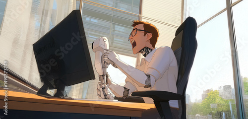 Man Sitting in Fear and Anger in the Office, Imagining Being Replaced by Robots and AI. Generated image