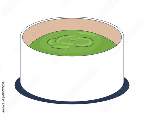 Fresh green dipping sauce in white ceramic bowl 2D cartoon object. Spicy chutney. Herb salsa. Zesty dressing. Food condiment isolated element flat vector clip art on white. Spot illustration