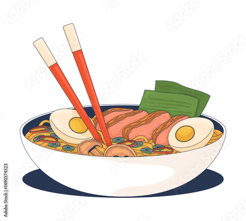 Ramen bowl with chopsticks 2D cartoon object. Asian soup noodles, boiled eggs, pork slices, vegetables, seaweed garnish dish isolated element flat vector clip art on white. Spot illustration