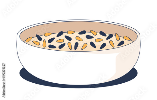 Sesame seeds topping bowl 2D cartoon object. Oriental seasoning. Nutrition source. Condiment ingredient. Food garnish in asian cuisine isolated element flat vector clip art on white. Spot illustration