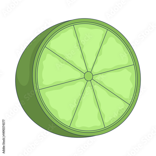 Fresh green lime half 2D cartoon object. Halved citrus fruit tropical. Tangy flavor. Cooking ingredient. Vitamin C. Healthy garnish isolated element flat vector clip art on white. Spot illustration