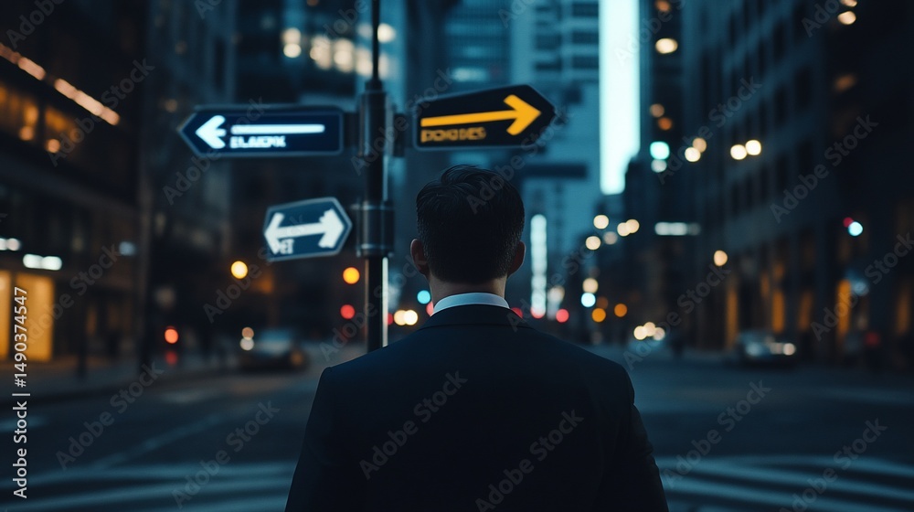 Fototapeta premium A person in a suit stands at a crossroads with illuminated directional signs in a city setting