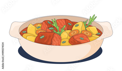 Hearty stew with vegetables and meat chunks 2D cartoon object. Comfort food with potatoes, carrots and fresh herbs in ceramic bowl isolated element flat vector clip art on white. Spot illustration