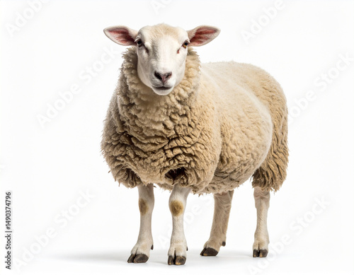 Sheep Looking Directly at Camera While Standing on Seamless White Surface – Front View Animal Portrait photo