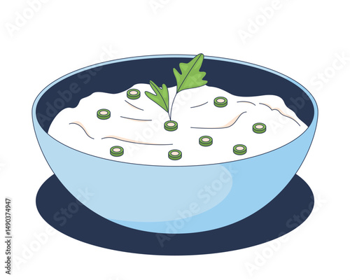 Yogurt garnished with herbal sprig and chopped scallions in bowl 2D cartoon object. Healthy probiotic creamy dairy product with herbs isolated element flat vector clip art on white. Spot illustration