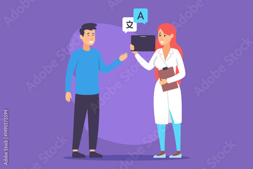 Healthcare professional in lab coat discussing medical options with Asian patient. Medical consultation concept