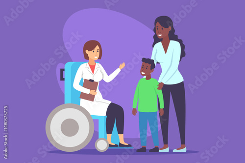 Healthcare worker in wheelchair interacting warmly with child and their mother. Concept of supportive atmosphere promoting trust and communication during medical care