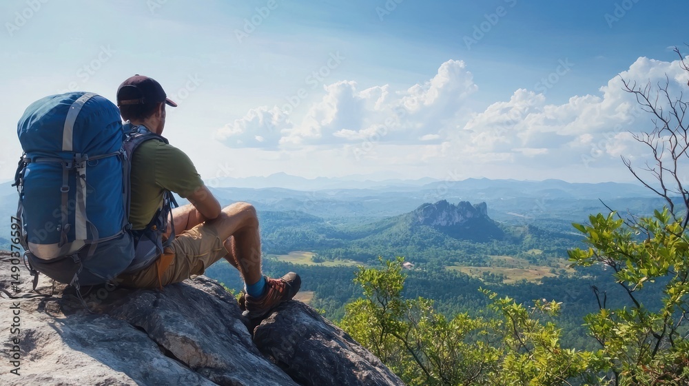 Naklejka premium A backpacker resting on a rocky ledge, gazing at the valley below after a long trek