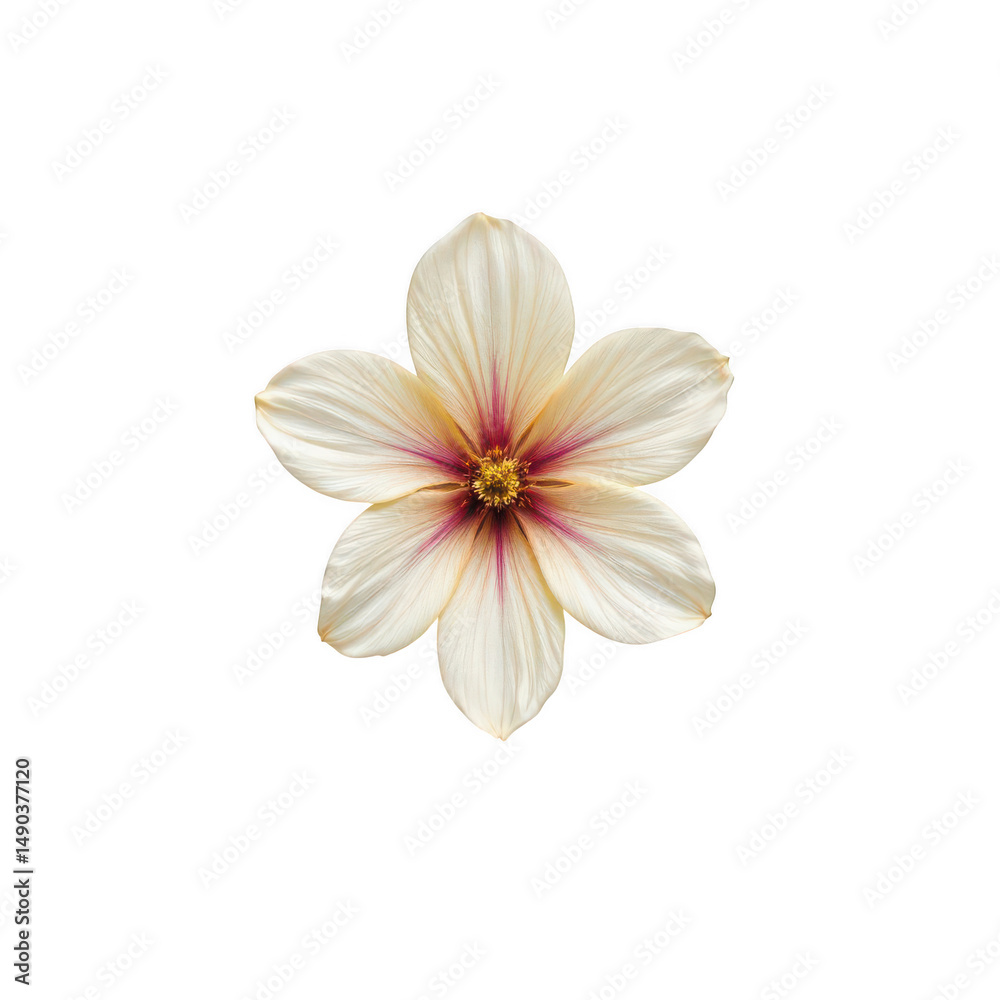 Fototapeta premium a single blossom is centered against a deep black background. the flower's petals are a creamy white, marked with delicate lines, and have a subtle pointed shape