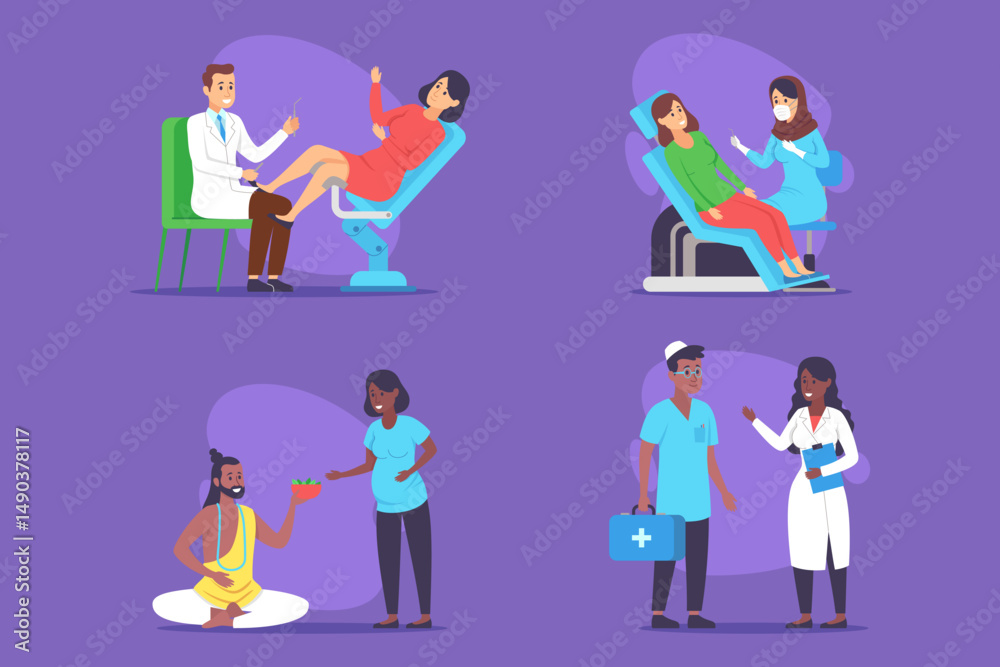 Obraz premium Various medical situations with healthcare professionals assisting patients in different environments