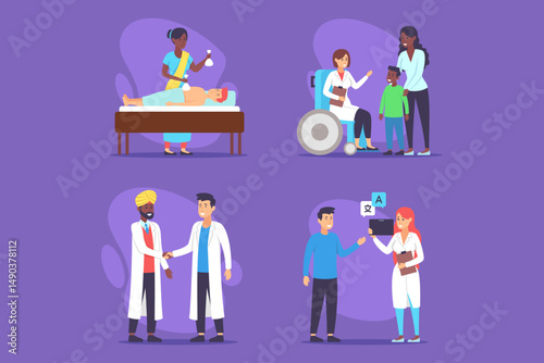 Various medical professionals engaged with patients in colorful healthcare setting, showcasing interactions in treatment, support, and communication among caregivers and families