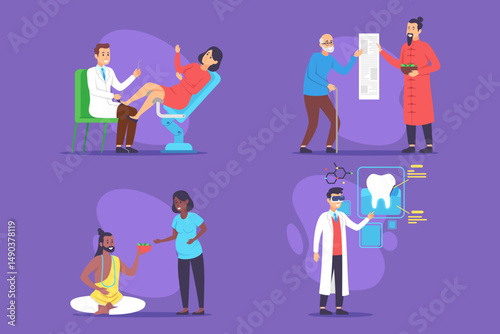 Collection of various medical practices, featuring doctor examining patient, traditional healer, and dentist showing care. Health professions and treatments concept