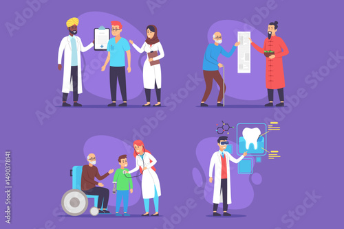Collection of medical practitioners interacting with patients and caregivers. Medical workers providing support, health check-ups, and advice in various healthcare scenarios across different backgroun