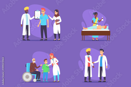 Four different scenarios depicting health care professionals assisting patients. Activities including consultations, treatments, and check-ups. Teamwork in medical environment concept