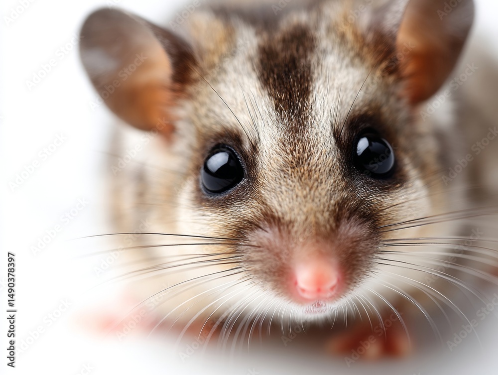 Obraz premium A close up of a small brown and white mouse with big eyes