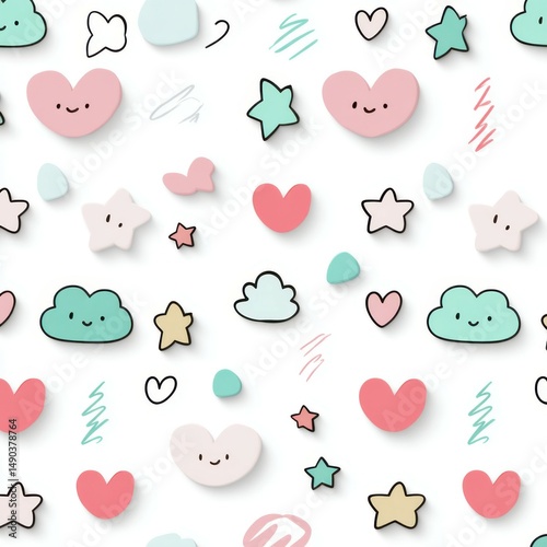 Pastel Clouds, Stars, Hearts Seamless Pattern, Seamless Pattern Design, Illustration, Valentine's Day themed
