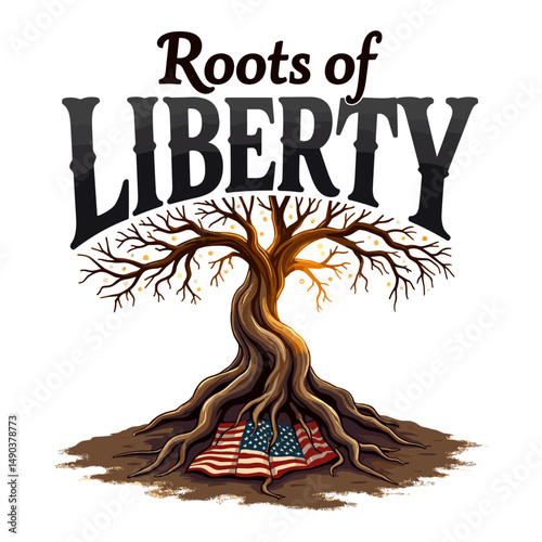 Roots of liberty tree with american flag graphic design element