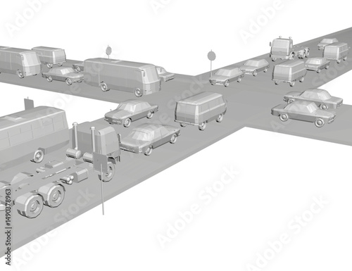 A low-poly 3D street scene features various vehicles including cars, vans, and trucks at an urban intersection, emphasizing geometric forms and simplified traffic dynamics.