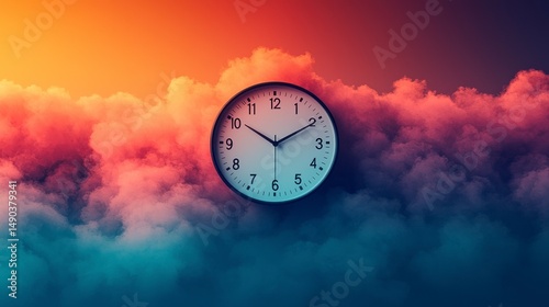 A wall clock suspended in vibrant, dreamy, gradient clouds at sunset