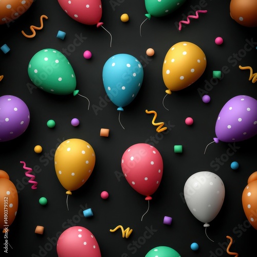 Colorful Balloons and Confetti on Black Background, for Birthday or Party Celebration, Seamless Pattern, Illustration