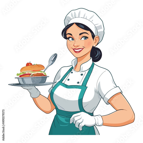 A smiling professional chef in uniform and hat holds a tray with gourmet food in the restaurant kitchen