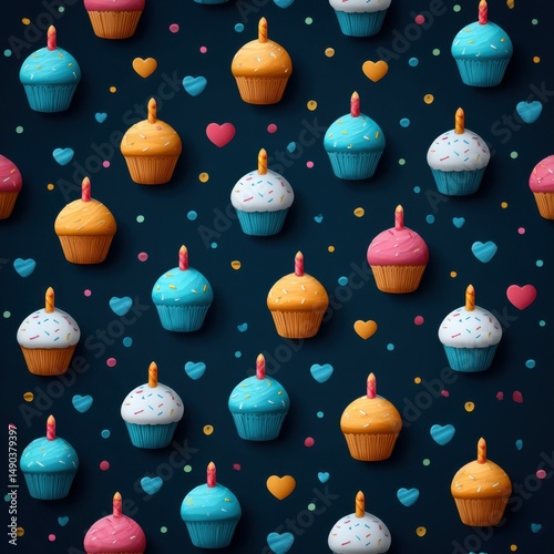 Colorful Cupcakes with Hearts , Dots Pattern, Celebration Background, Festive Design, Birthday, Party, Treat, Sweet, Dessert, Vector Illustration