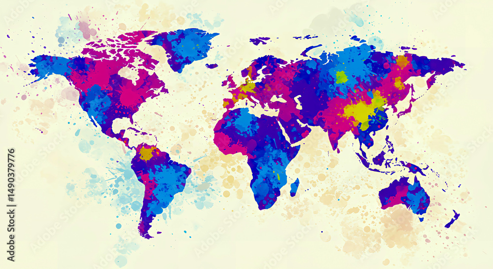 Fototapeta premium Colorful world map illustration with abstract watercolor style for geography and global themes, Generative AI