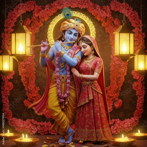 Divine Love: Radha and Krishna in Enchanting Festive Attire, Embracing Amidst Glowing Lanterns and Floral Decor