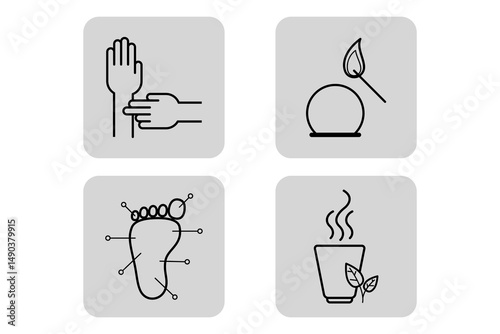 Collection of various icons representing medical and wellness themes. Included symbols for acupuncture, herbal medicine, physical examination, and holistic treatments in clean design