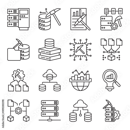 data mining set of web icons in line style. data mining, big data, data analysis and machine learning. Vector illustration