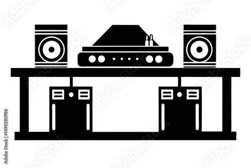dj table silhouette line art vector illustration with a white background