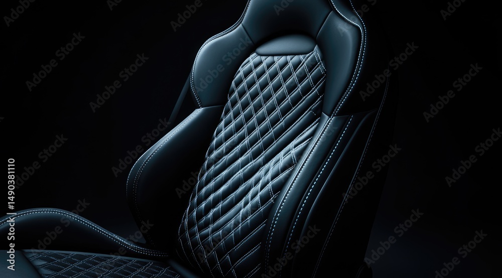 Naklejka premium A close-up reveals a luxurious, dark-blue leather car seat with a striking diamond-patterned quilted design, subtly lit against a black backdrop.