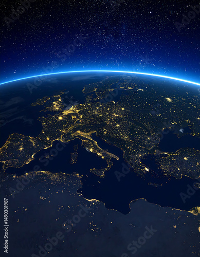 Europe at night from space. City lights illuminate countries and continents. Earth, stars, glowing horizon. Use for globalization, network concepts.