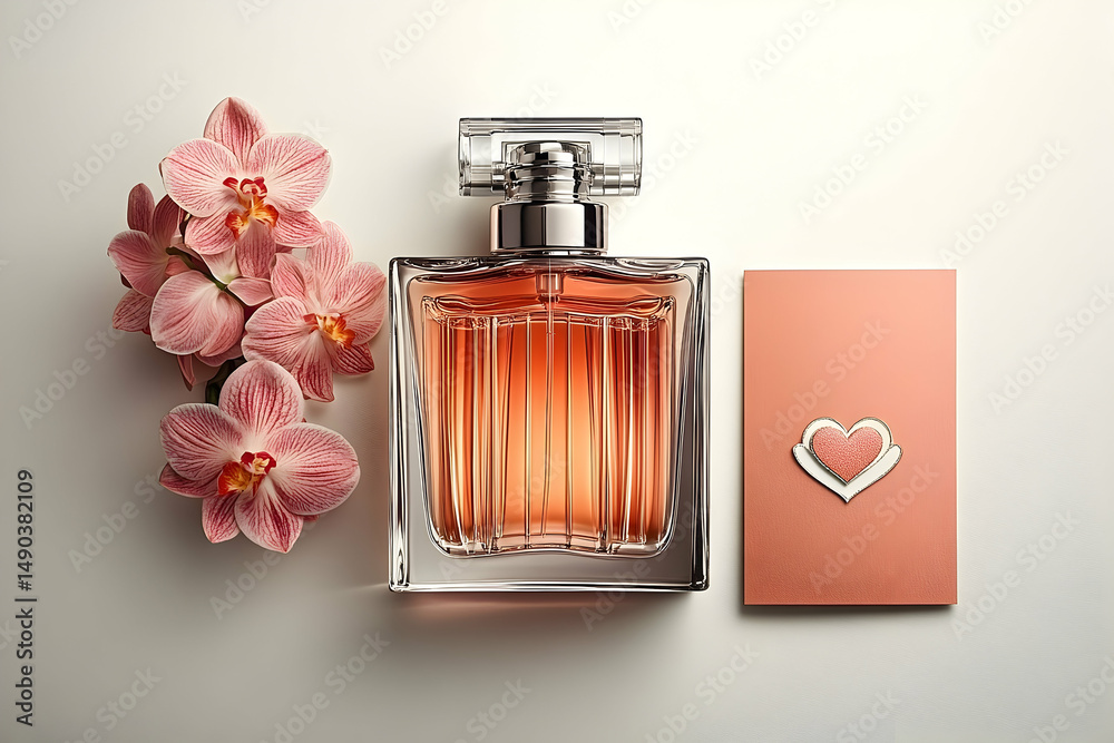 Elegant perfume bottle and pink orchids composition on white background Elegant perfume bottle and pink orchids composition on white background