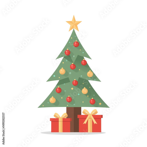 festive Christmas tree adorned with colorful ornaments and topped with star, surrounded by beautifully wrapped gifts, evokes joyful holiday spirit
