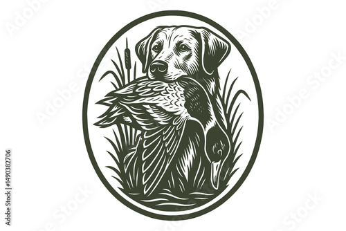 Hunting dog with duck in vintage emblem vector illustration
