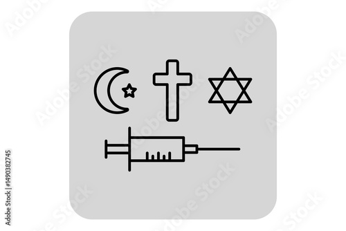 Various symbols representing alternative medicine and differing faiths. Crescent moon, cross, star, and syringe. Blend of healing and spirituality concept