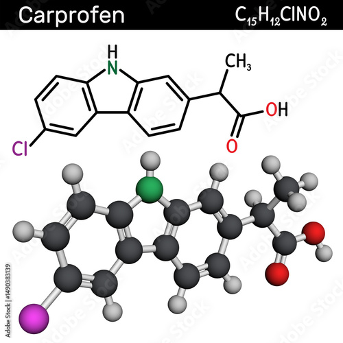 Carprofen NSAID molecule structure, nonsteroidal anti-inflammatory drug used as a veterinary medicine. Structural chemical formula, molecular 3D model
