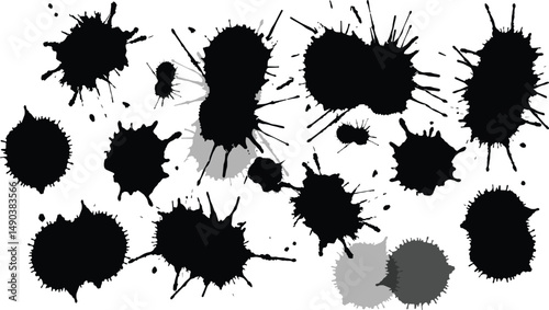 black ink splat water color brush strokes in the style of color swatches on a white background, vector illustration in a flat design style 