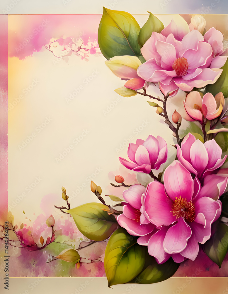 Naklejka premium A floral illustration featuring pink magnolia flowers with a soft pastel background.
