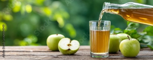 apple juice being poured into glass outdoors with apples and wooden table for fresh lifestyle concept, green apple juice, red apple juice