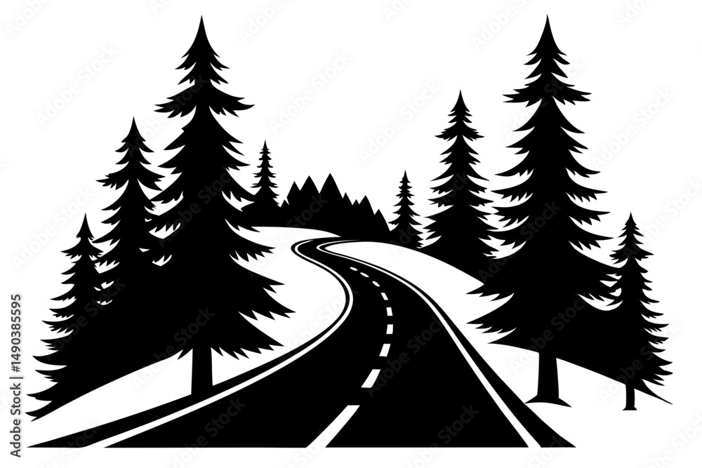 Fototapeta premium highway in the wood silhouette line art vector illustration with a white background